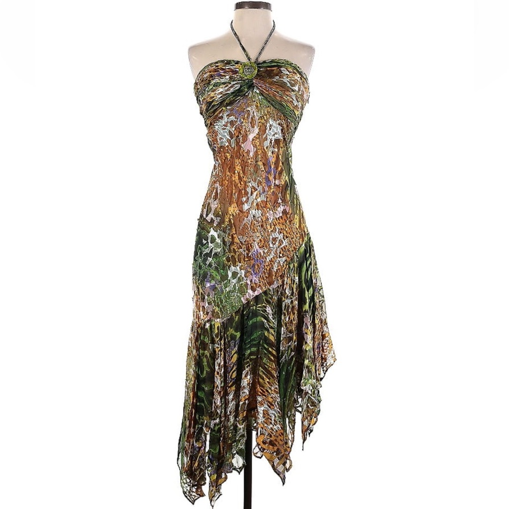 Vintage Y2K Hong Ni Collection Silk Embellished Halter Dress Size 8